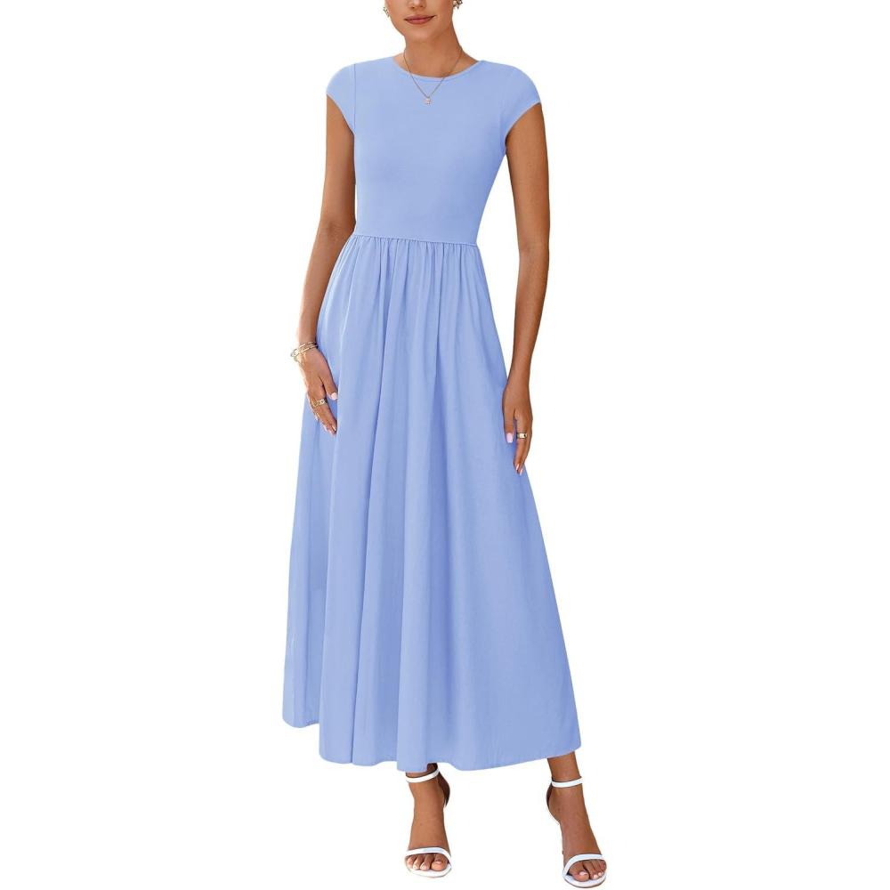 imagePRETTYGARDEN Womens 2025 Summer Casual Long Dresses Cap Sleeve Patchwork A Line Flowy Modest Elegant Homecoming Maxi DressLight Blue