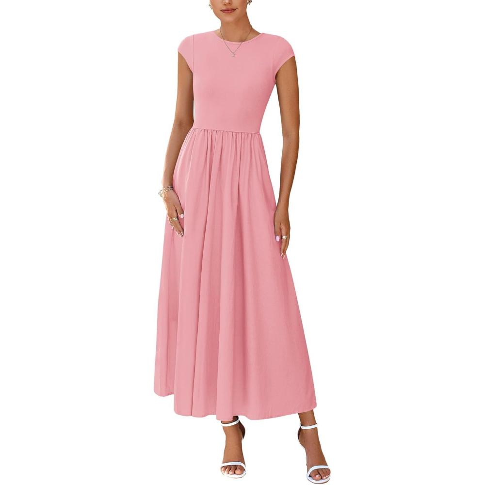 imagePRETTYGARDEN Womens 2025 Summer Casual Long Dresses Cap Sleeve Patchwork A Line Flowy Modest Elegant Homecoming Maxi DressPink