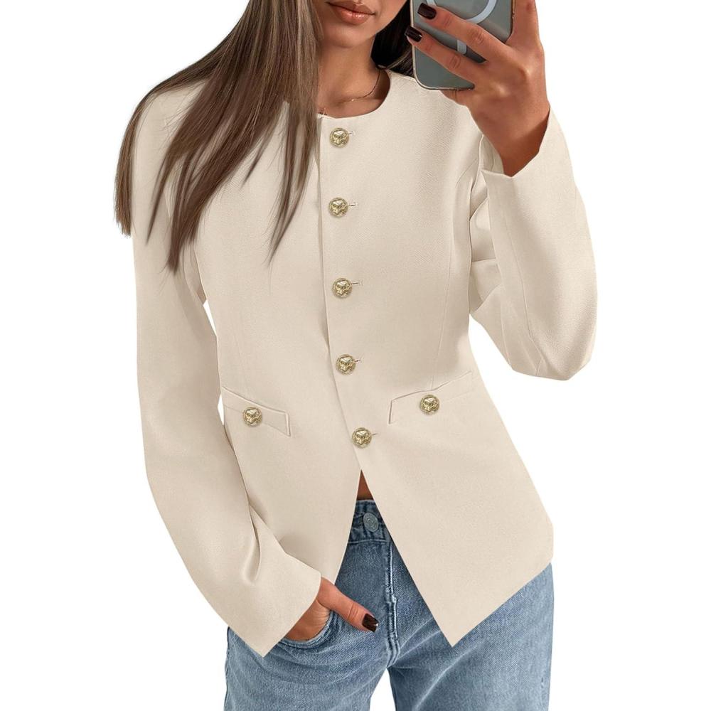 imagePRETTYGARDEN Womens 2026 Fall Blazers Button Down Fitted Lightweight Dressy Work Suit Jackets Trendy Business Casual OutfitsBeige