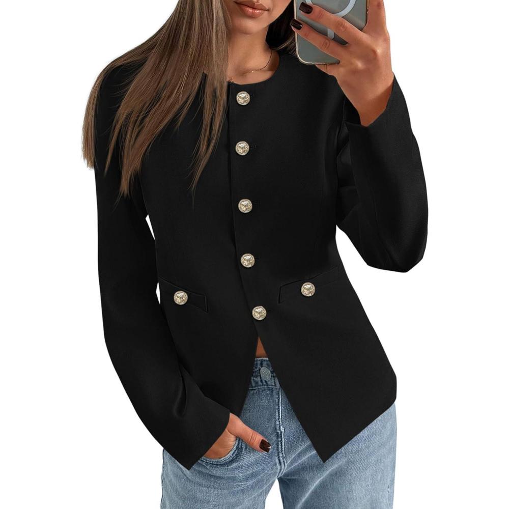 imagePRETTYGARDEN Womens 2026 Fall Blazers Button Down Fitted Lightweight Dressy Work Suit Jackets Trendy Business Casual OutfitsBlack