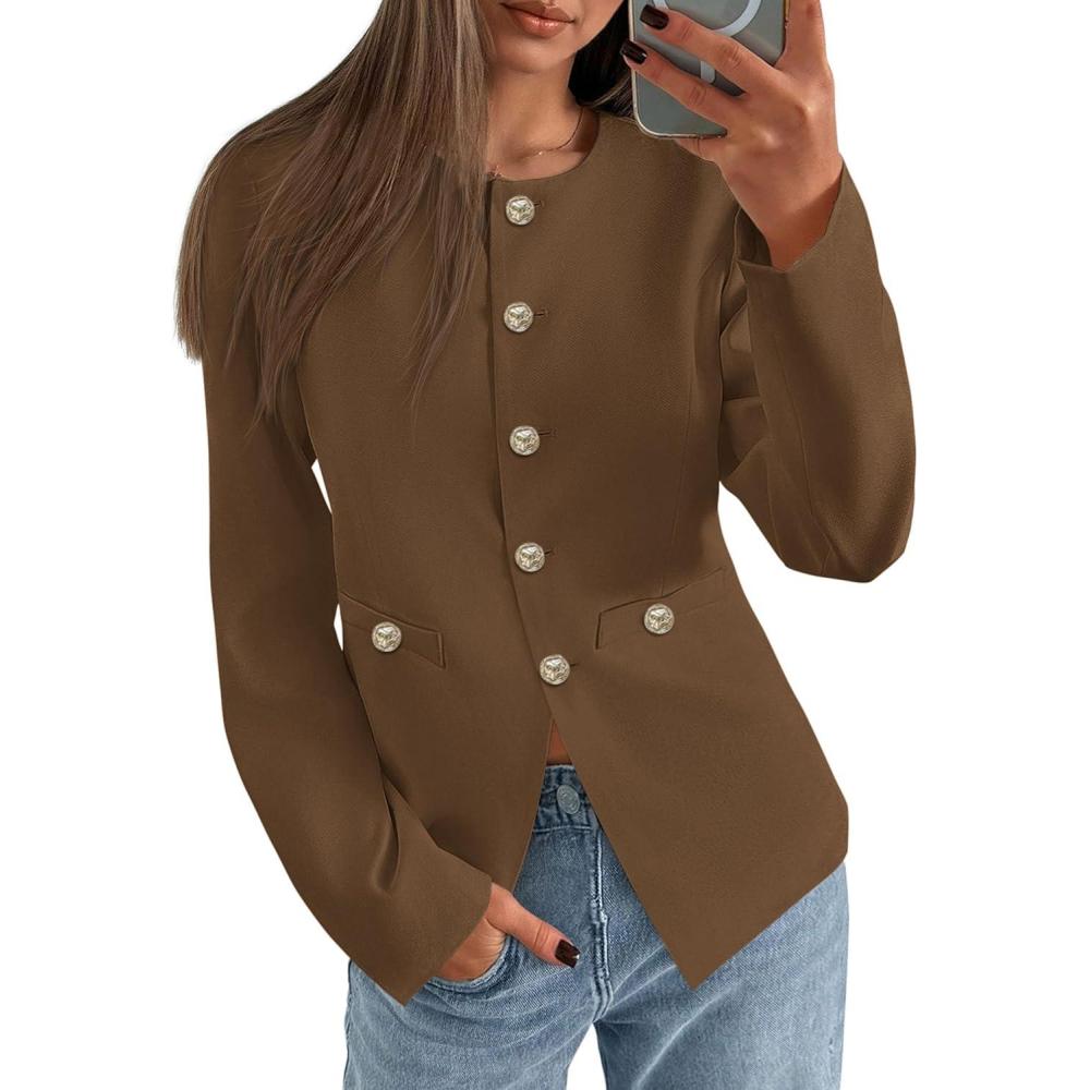 imagePRETTYGARDEN Womens 2026 Fall Blazers Button Down Fitted Lightweight Dressy Work Suit Jackets Trendy Business Casual OutfitsBrown