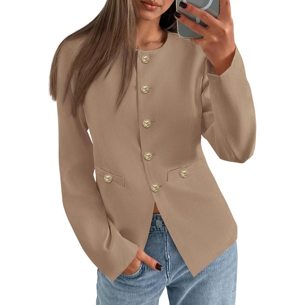 imagePRETTYGARDEN Womens 2026 Fall Blazers Button Down Fitted Lightweight Dressy Work Suit Jackets Trendy Business Casual OutfitsKhaki
