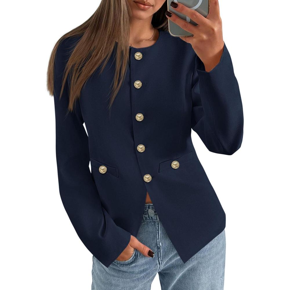 imagePRETTYGARDEN Womens 2026 Fall Blazers Button Down Fitted Lightweight Dressy Work Suit Jackets Trendy Business Casual OutfitsNavy Blue