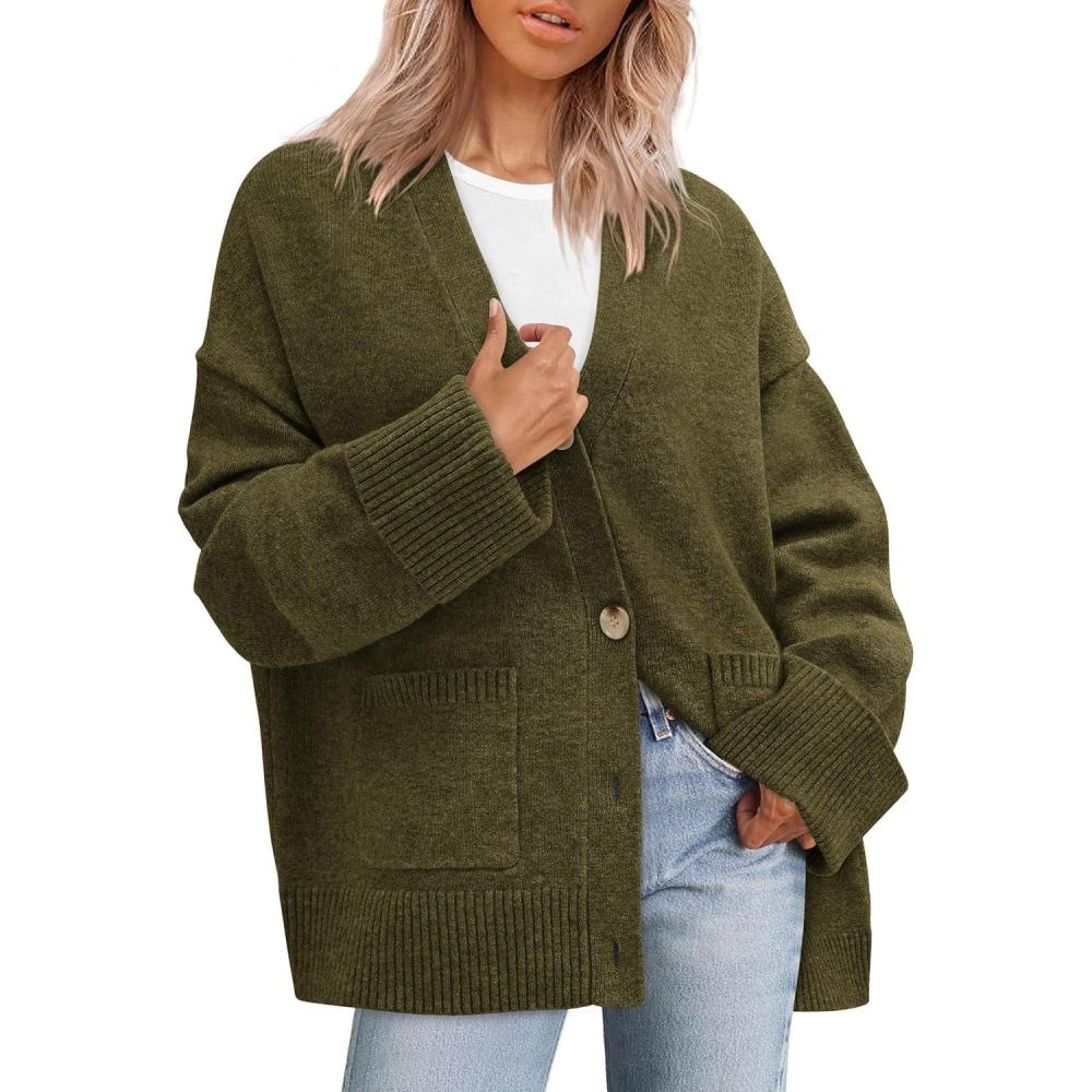 imagePRETTYGARDEN Womens 2026 Oversized Cardigan Sweaters Trendy Chunky Knit Long Sleeve V Neck Button Down Fall Winter OutfitsArmy Green