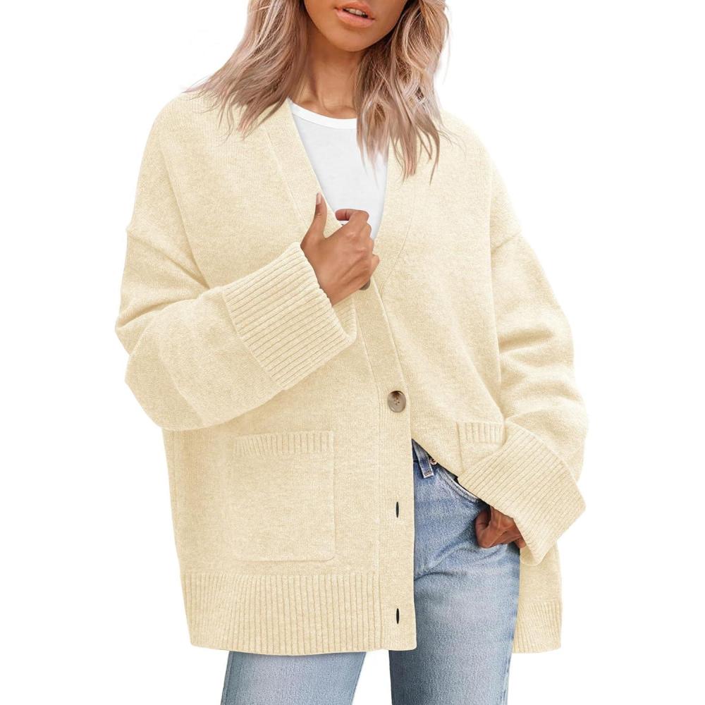 imagePRETTYGARDEN Womens 2026 Oversized Cardigan Sweaters Trendy Chunky Knit Long Sleeve V Neck Button Down Fall Winter OutfitsBeige
