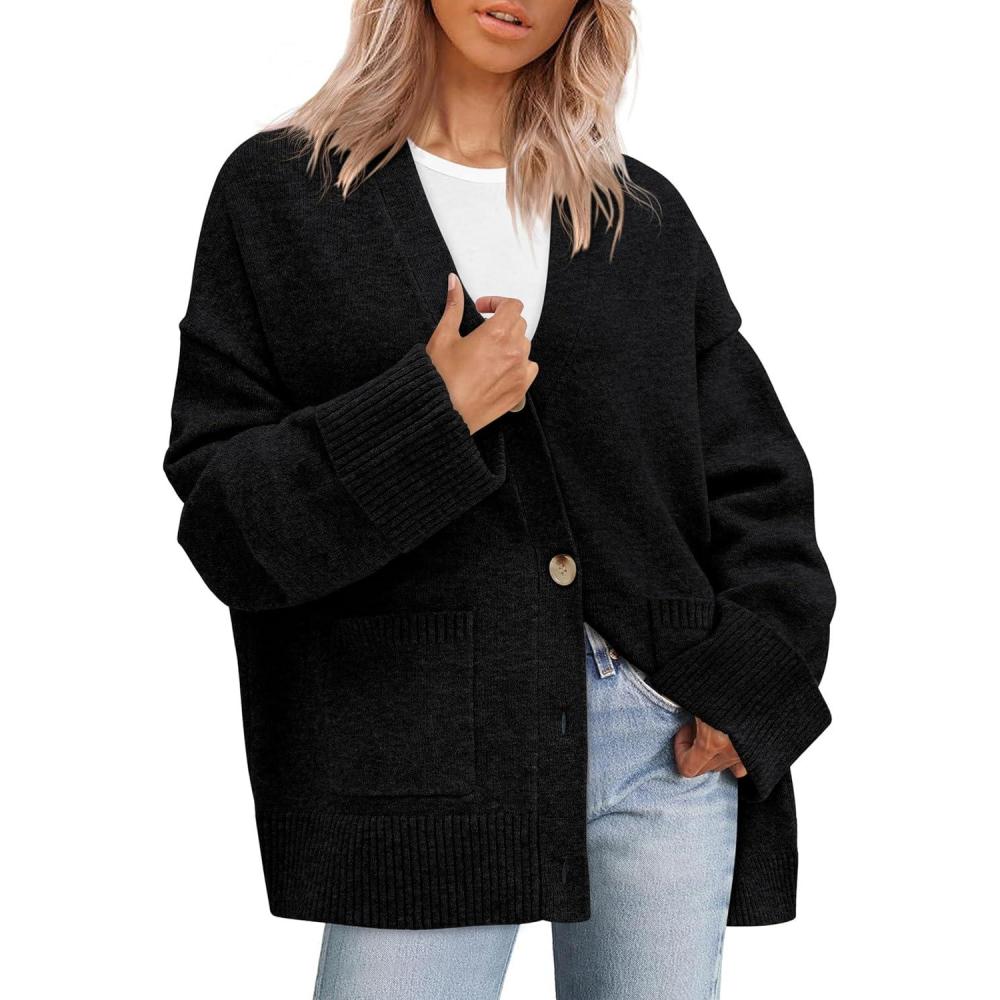 imagePRETTYGARDEN Womens 2026 Oversized Cardigan Sweaters Trendy Chunky Knit Long Sleeve V Neck Button Down Fall Winter OutfitsBlack