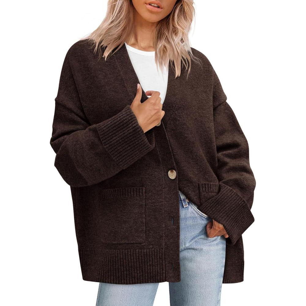 imagePRETTYGARDEN Womens 2026 Oversized Cardigan Sweaters Trendy Chunky Knit Long Sleeve V Neck Button Down Fall Winter OutfitsBrown