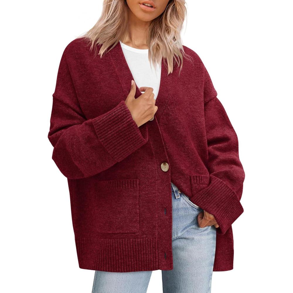 imagePRETTYGARDEN Womens 2026 Oversized Cardigan Sweaters Trendy Chunky Knit Long Sleeve V Neck Button Down Fall Winter OutfitsBurgundy