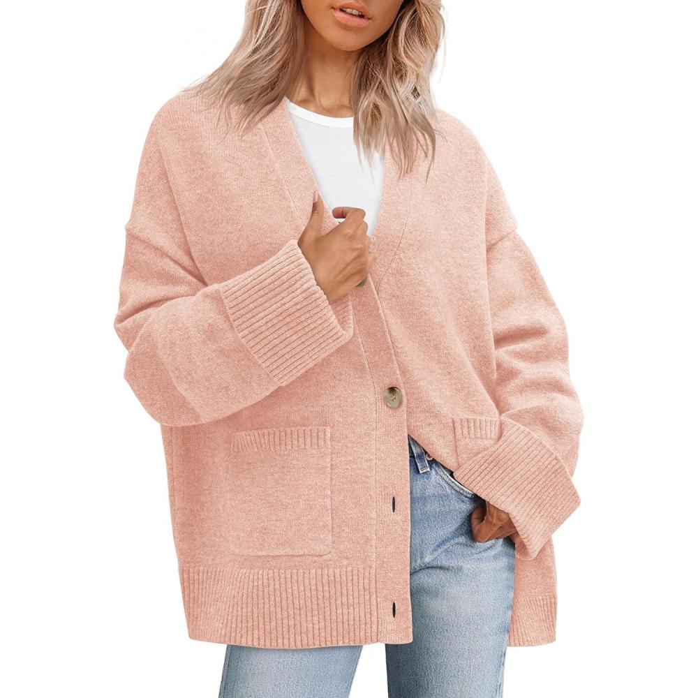 imagePRETTYGARDEN Womens 2026 Oversized Cardigan Sweaters Trendy Chunky Knit Long Sleeve V Neck Button Down Fall Winter OutfitsPink