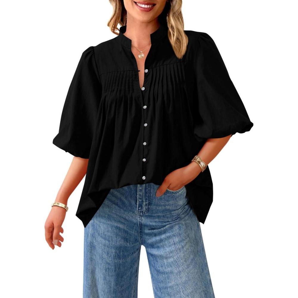 imagePRETTYGARDEN Womens 2026 Summer Short Lantern Sleeve Tops Loose Fit Button Down Shirt Pleated V Neck Blouses Trendy ClothesBlack