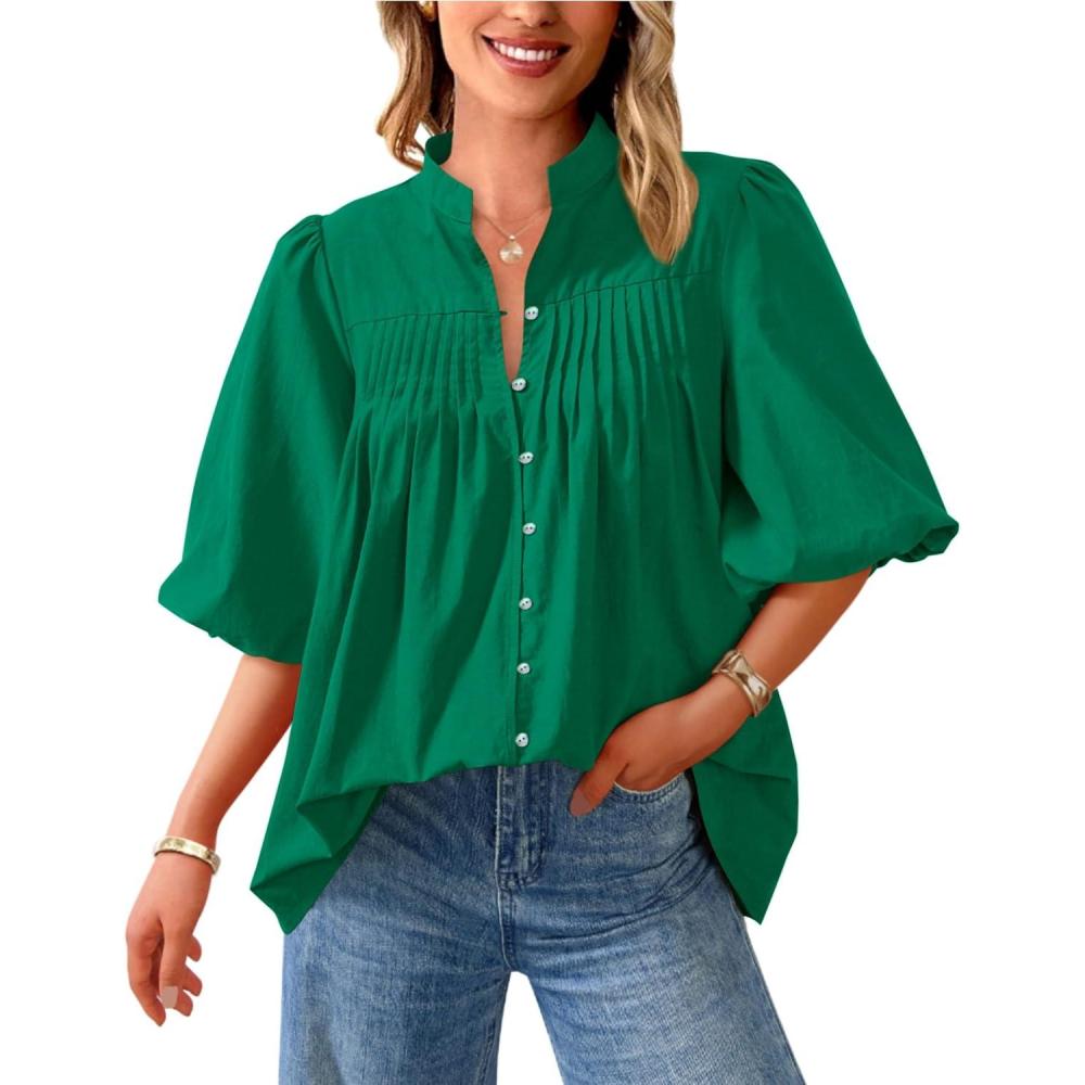 imagePRETTYGARDEN Womens 2026 Summer Short Lantern Sleeve Tops Loose Fit Button Down Shirt Pleated V Neck Blouses Trendy ClothesGreen