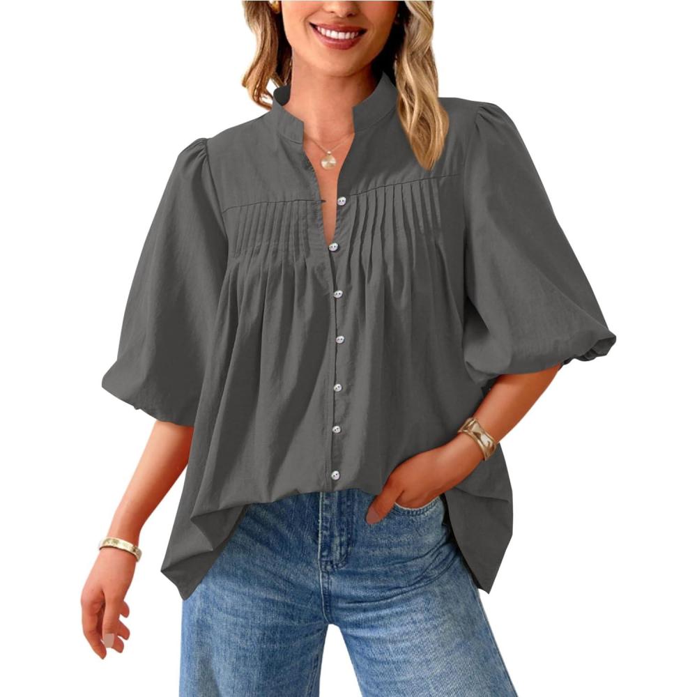 imagePRETTYGARDEN Womens 2026 Summer Short Lantern Sleeve Tops Loose Fit Button Down Shirt Pleated V Neck Blouses Trendy ClothesGrey