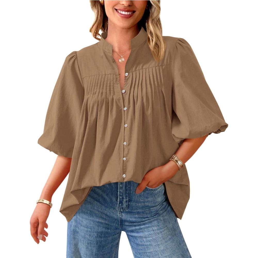 imagePRETTYGARDEN Womens 2026 Summer Short Lantern Sleeve Tops Loose Fit Button Down Shirt Pleated V Neck Blouses Trendy ClothesLight Khaki