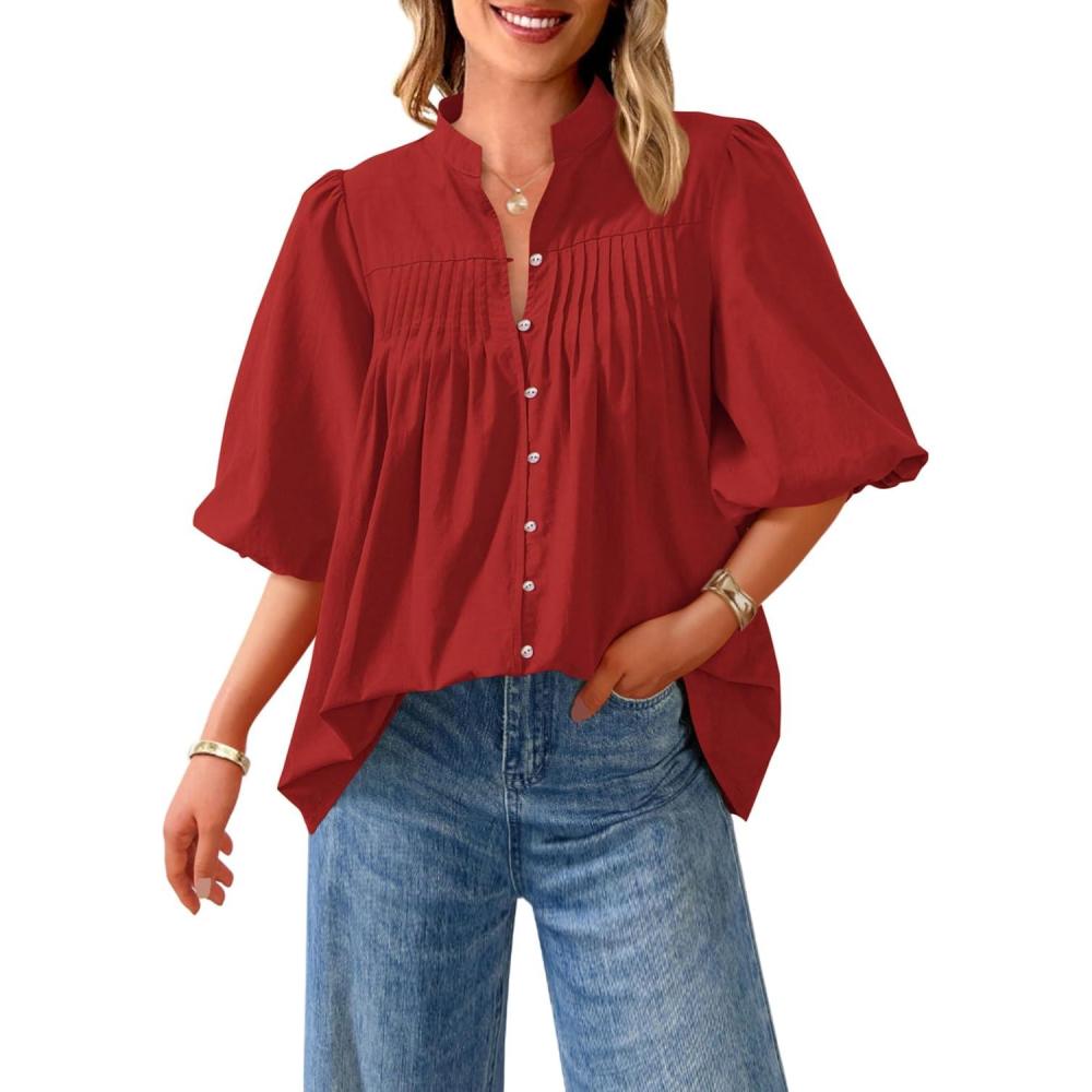 imagePRETTYGARDEN Womens 2026 Summer Short Lantern Sleeve Tops Loose Fit Button Down Shirt Pleated V Neck Blouses Trendy ClothesRed