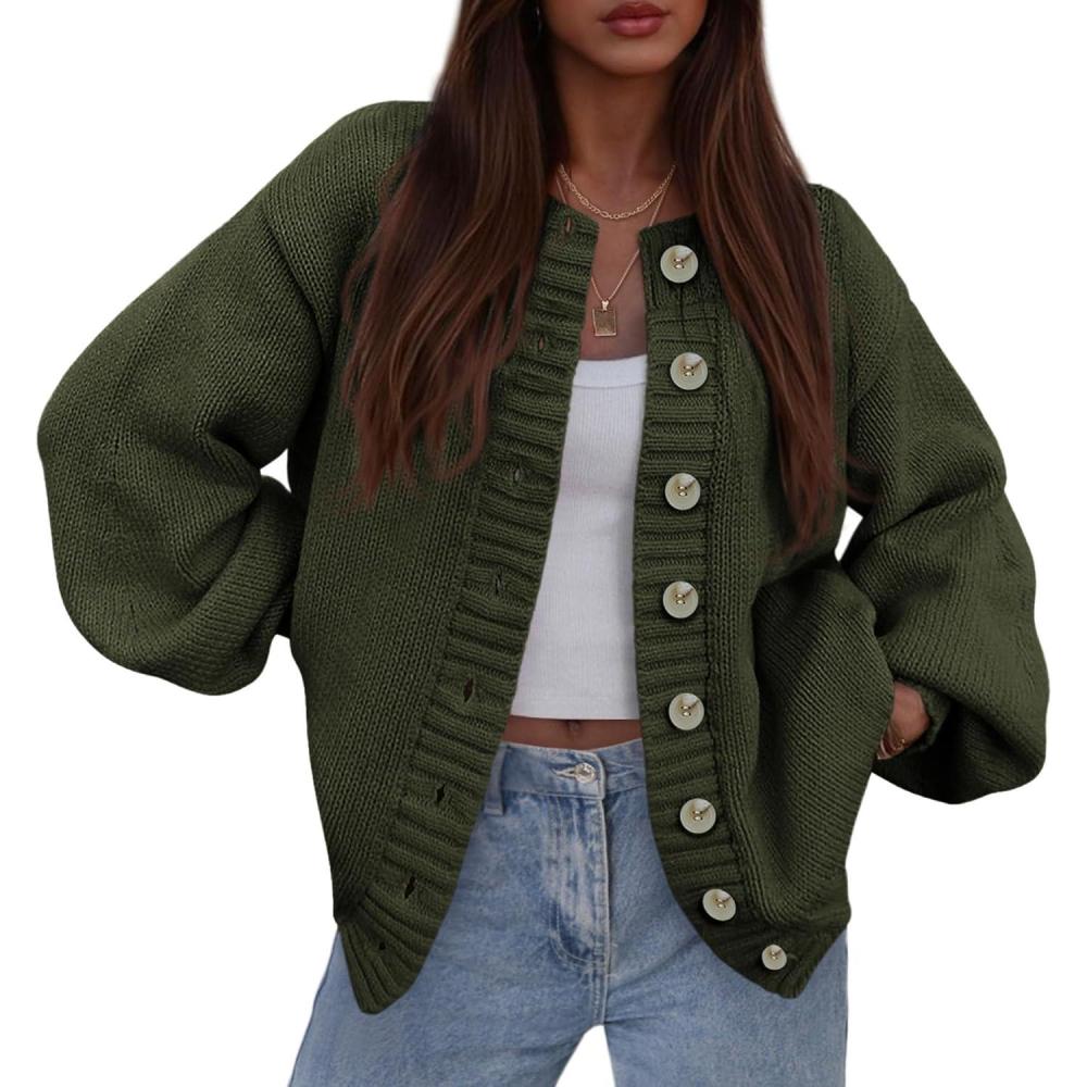 imagePRETTYGARDEN Womens 2026 Winter Cardigan Sweaters Trendy Chunky Knit Long Sleeve Button Up Casual Warm Fall Jackets CoatsArmy Green