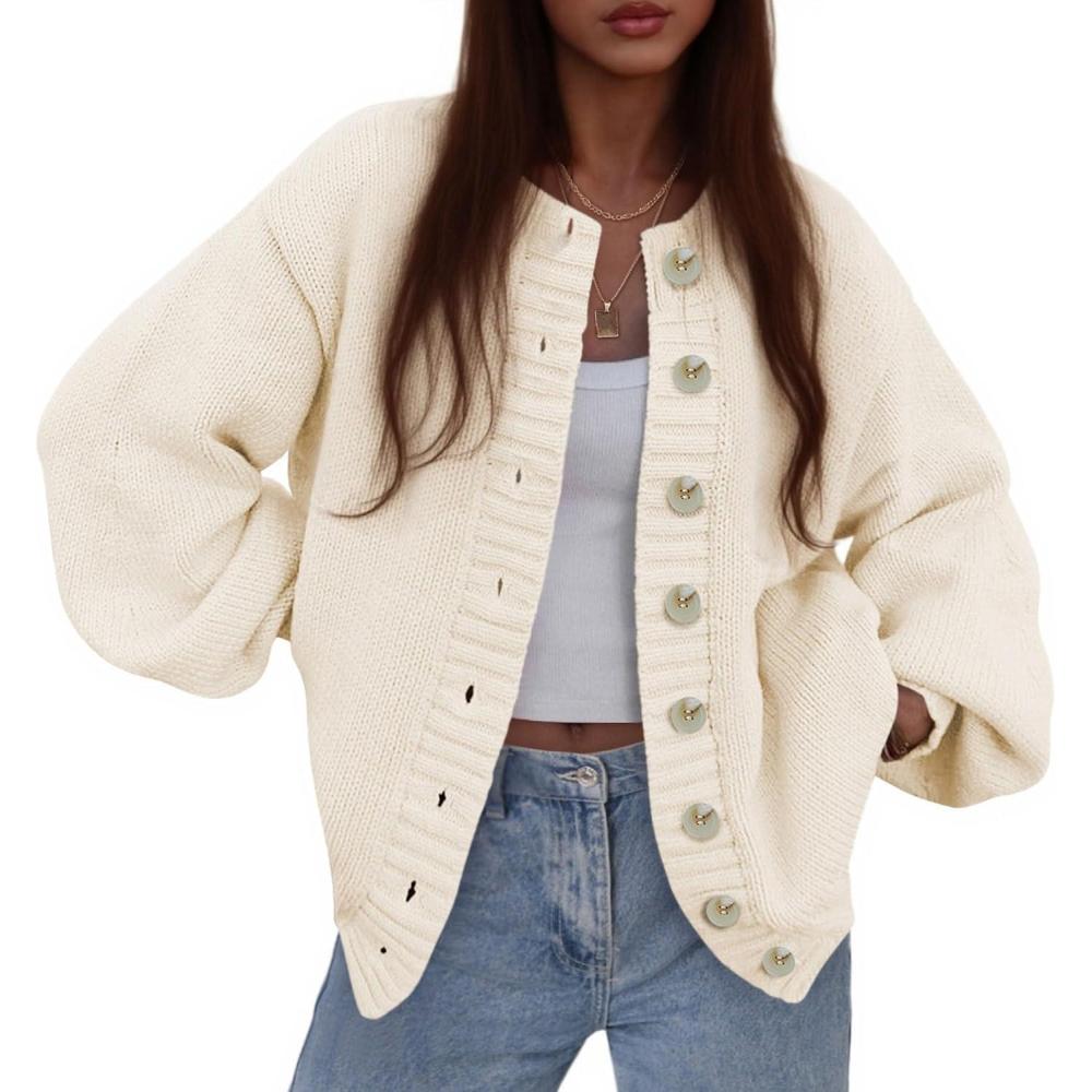 imagePRETTYGARDEN Womens 2026 Winter Cardigan Sweaters Trendy Chunky Knit Long Sleeve Button Up Casual Warm Fall Jackets CoatsBeige