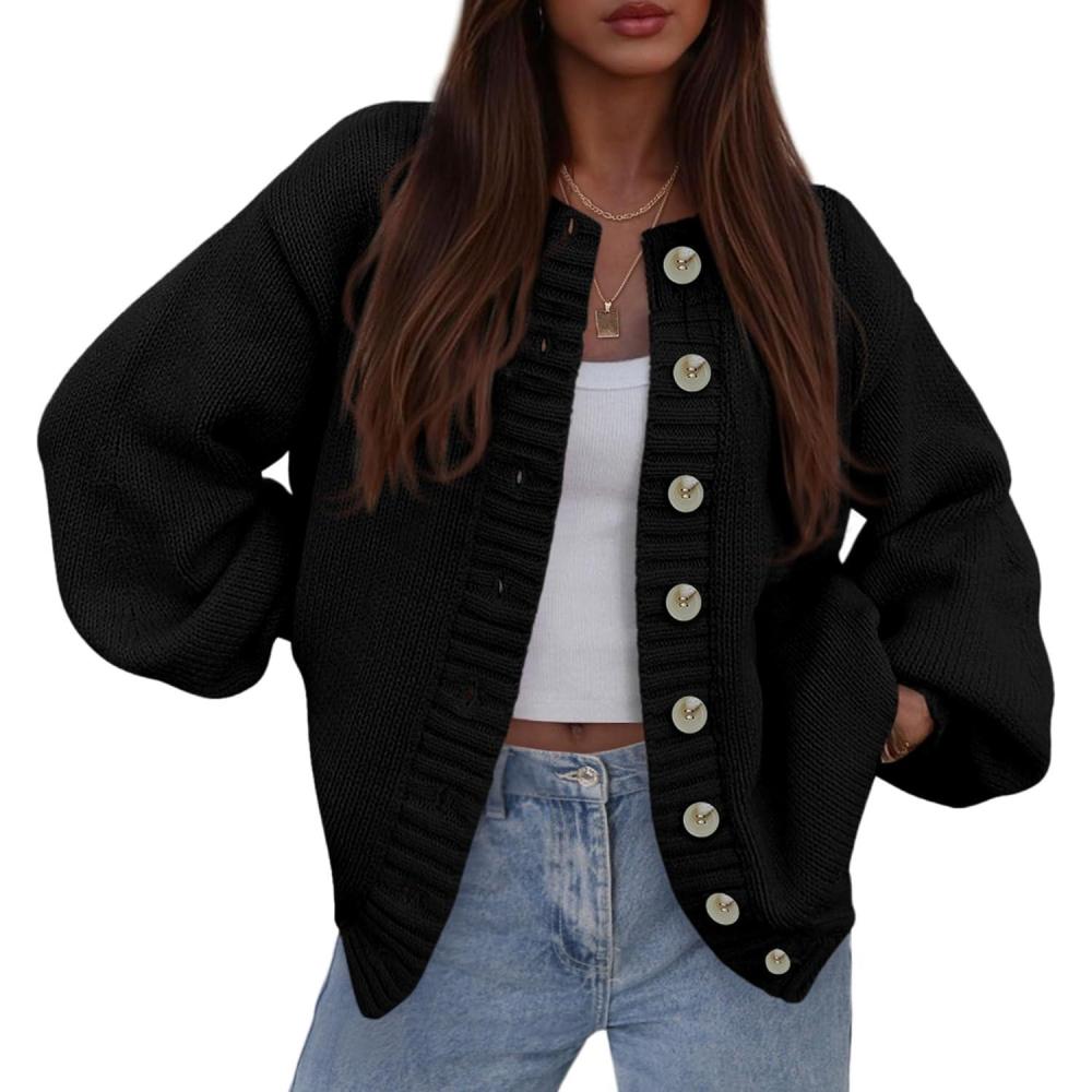 imagePRETTYGARDEN Womens 2026 Winter Cardigan Sweaters Trendy Chunky Knit Long Sleeve Button Up Casual Warm Fall Jackets CoatsBlack