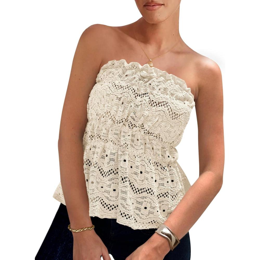 imagePRETTYGARDEN Womens Boho Tube Tops 2025 Summer Strapless Off Shoulder Eyelet Smocked Peplum Trendy Going Out Bandeau TopBeige