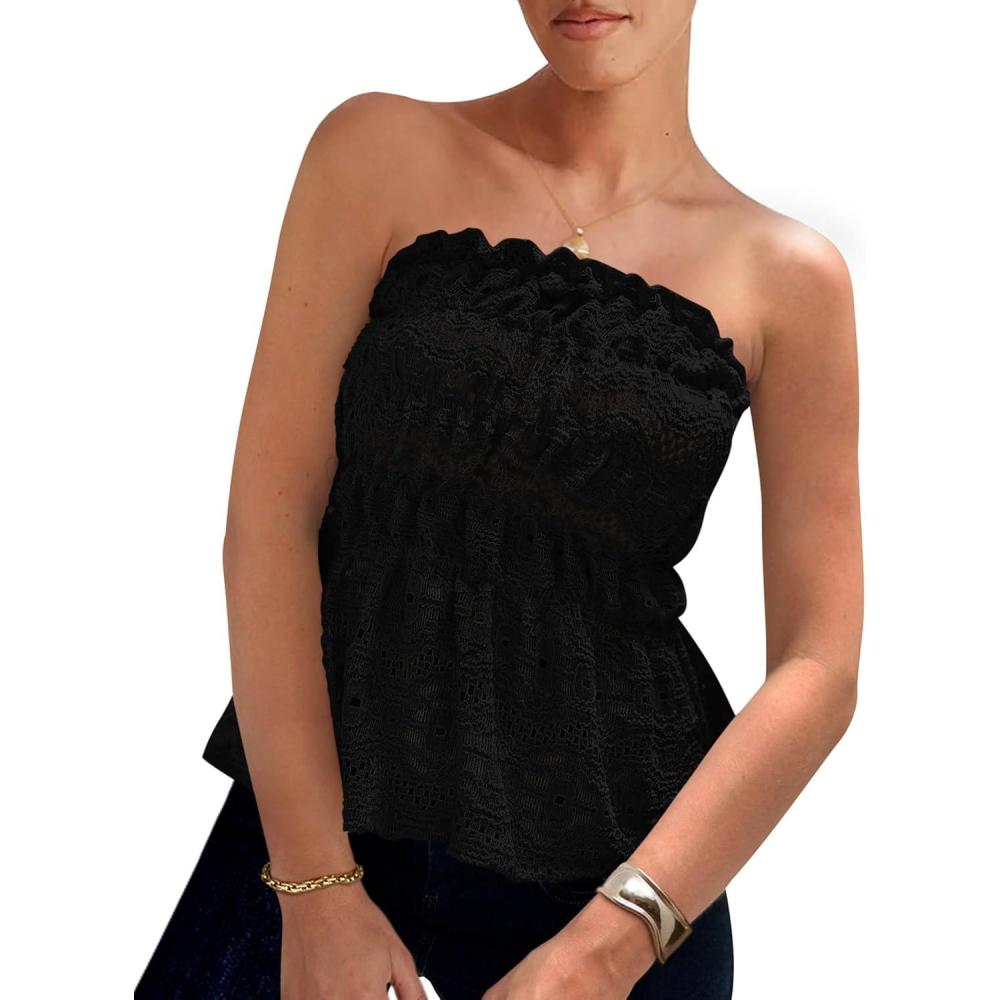 imagePRETTYGARDEN Womens Boho Tube Tops 2025 Summer Strapless Off Shoulder Eyelet Smocked Peplum Trendy Going Out Bandeau TopBlack