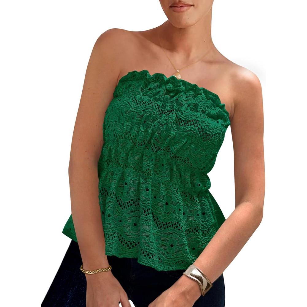 imagePRETTYGARDEN Womens Boho Tube Tops 2025 Summer Strapless Off Shoulder Eyelet Smocked Peplum Trendy Going Out Bandeau TopGreen