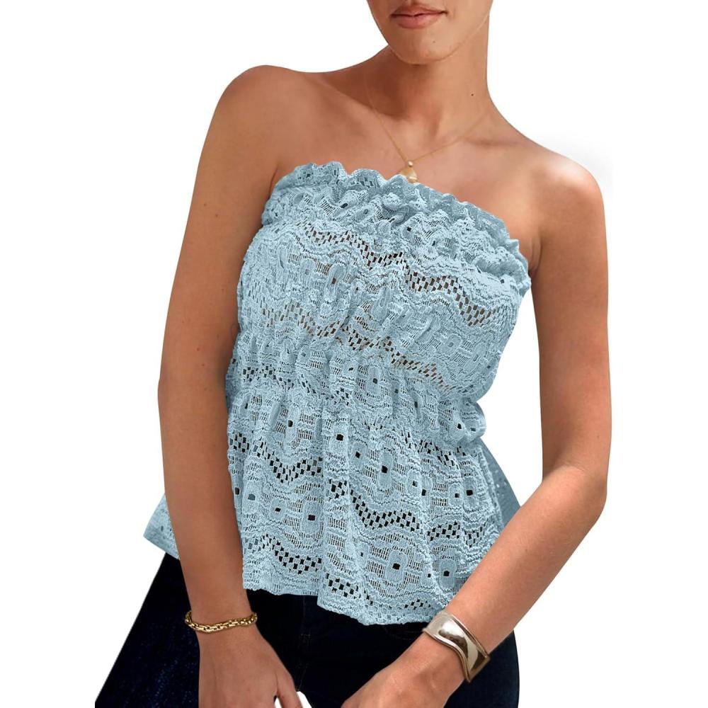 imagePRETTYGARDEN Womens Boho Tube Tops 2025 Summer Strapless Off Shoulder Eyelet Smocked Peplum Trendy Going Out Bandeau TopLight Blue