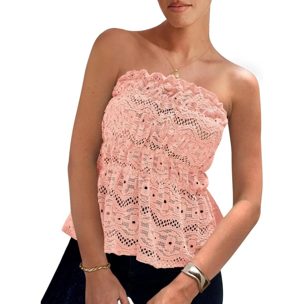 imagePRETTYGARDEN Womens Boho Tube Tops 2025 Summer Strapless Off Shoulder Eyelet Smocked Peplum Trendy Going Out Bandeau TopPink