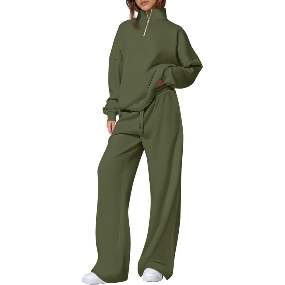 imagePRETTYGARDEN Womens Casual Two Piece Sets Fall 2026 Outfits Quarter Zip Sweatshirts Straight Leg Pants Sweatsuits TracksuitArmy Green