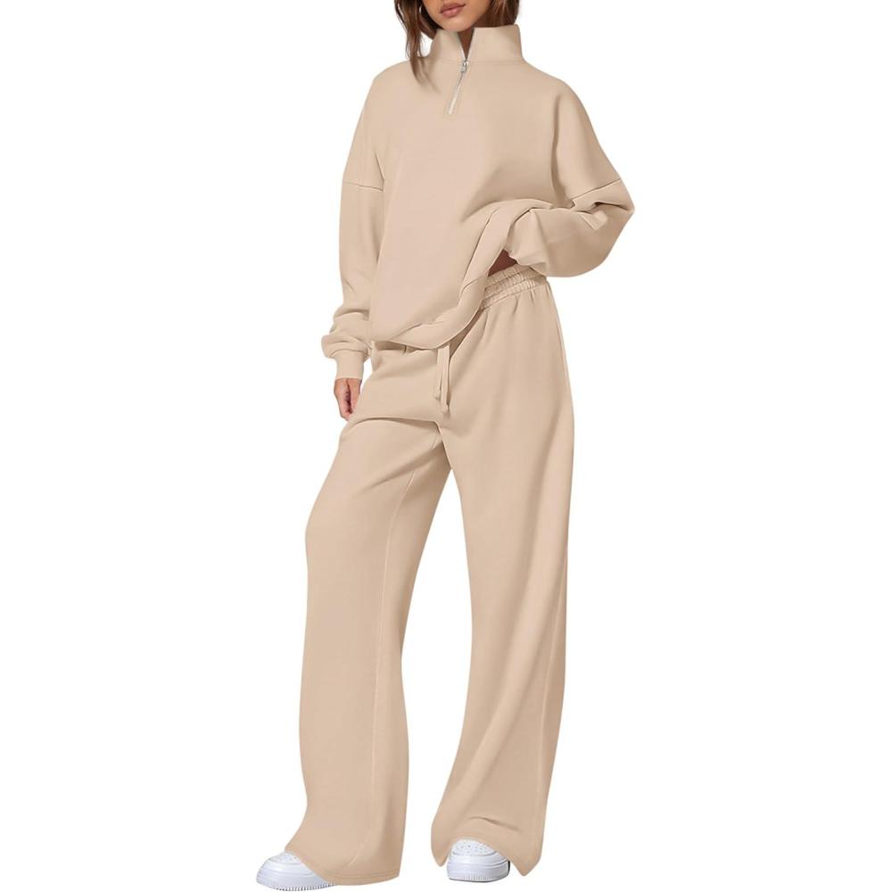 imagePRETTYGARDEN Womens Casual Two Piece Sets Fall 2026 Outfits Quarter Zip Sweatshirts Straight Leg Pants Sweatsuits TracksuitBeige