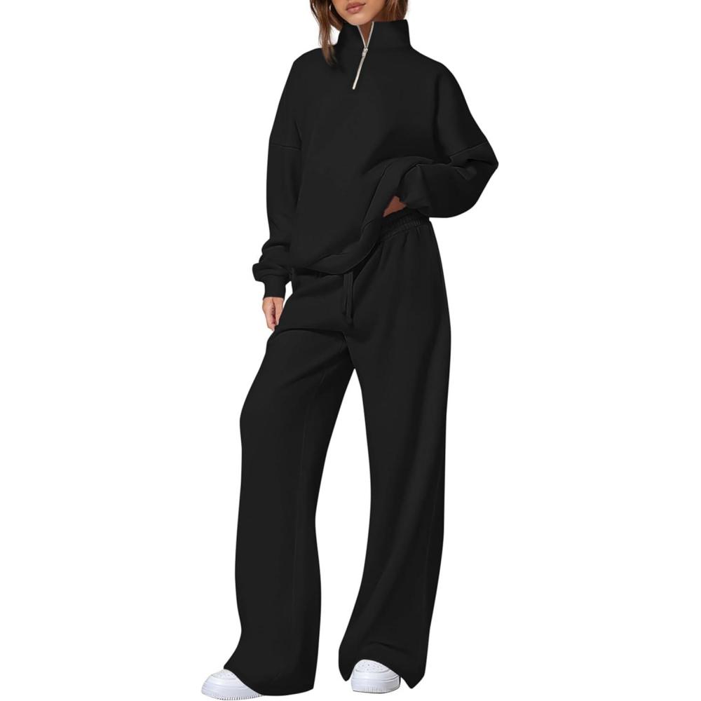 imagePRETTYGARDEN Womens Casual Two Piece Sets Fall 2026 Outfits Quarter Zip Sweatshirts Straight Leg Pants Sweatsuits TracksuitBlack
