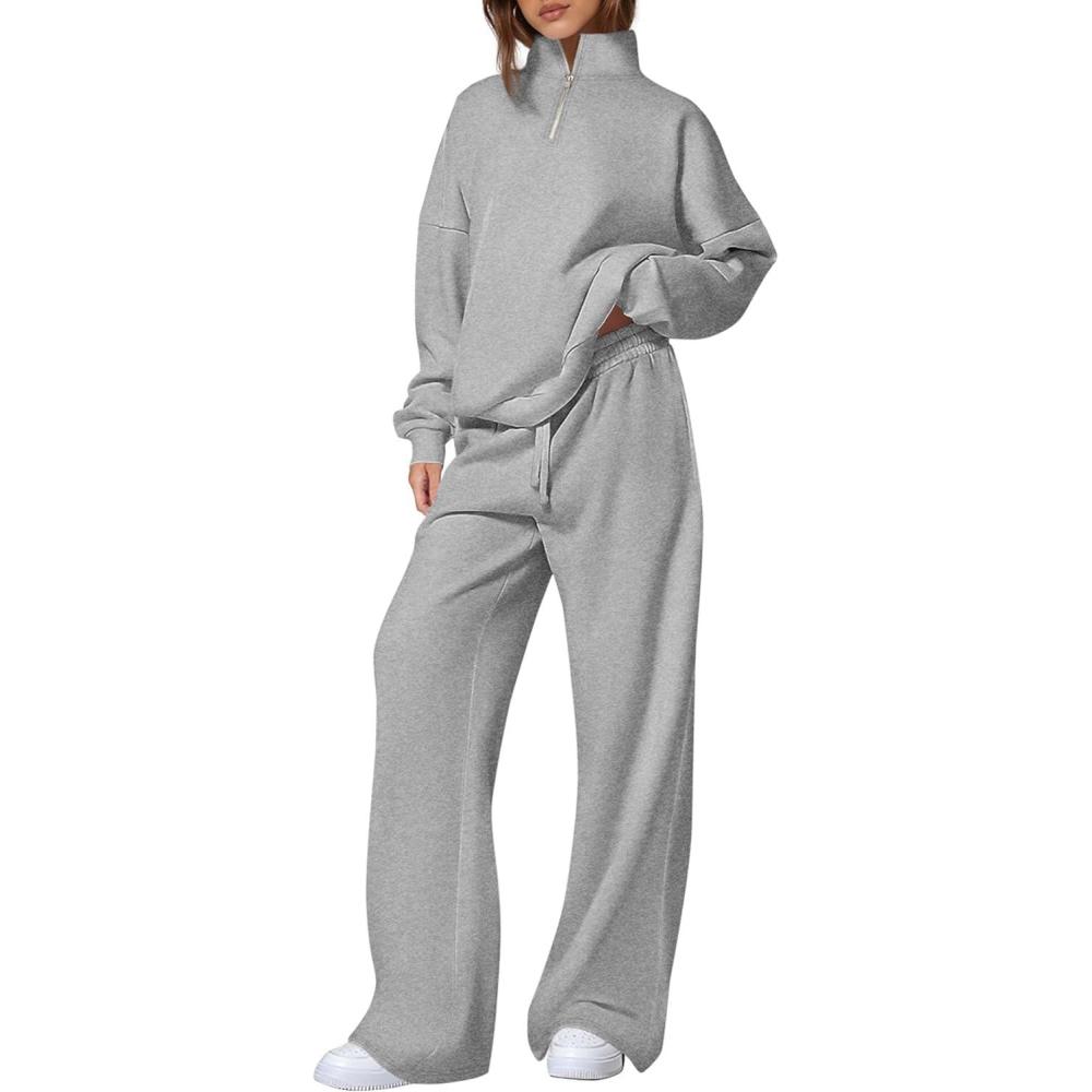 imagePRETTYGARDEN Womens Casual Two Piece Sets Fall 2026 Outfits Quarter Zip Sweatshirts Straight Leg Pants Sweatsuits TracksuitGrey