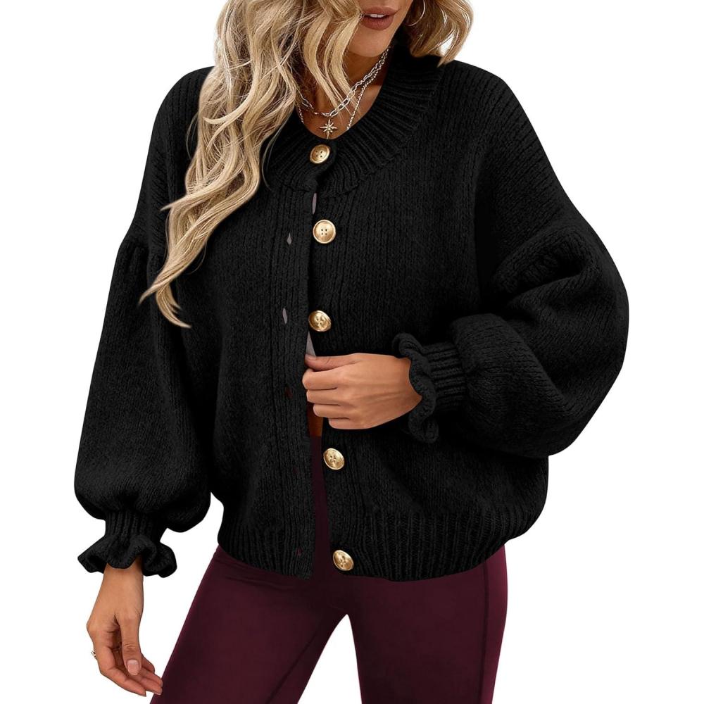 imagePRETTYGARDEN Womens Cropped Cardigans Trendy 2026 Ruffle Open Front Chunky Knit Sweater Oversized Button Down Fall ClothesBlack