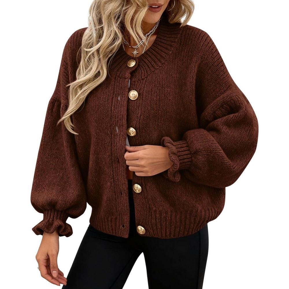 imagePRETTYGARDEN Womens Cropped Cardigans Trendy 2026 Ruffle Open Front Chunky Knit Sweater Oversized Button Down Fall ClothesBrown