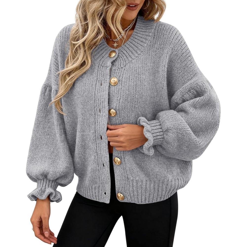 imagePRETTYGARDEN Womens Cropped Cardigans Trendy 2026 Ruffle Open Front Chunky Knit Sweater Oversized Button Down Fall ClothesGrey