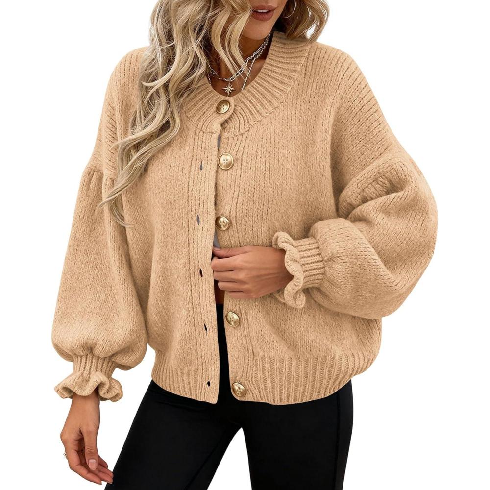 imagePRETTYGARDEN Womens Cropped Cardigans Trendy 2026 Ruffle Open Front Chunky Knit Sweater Oversized Button Down Fall ClothesKhaki