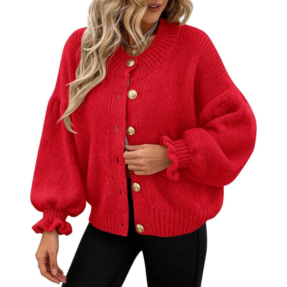 imagePRETTYGARDEN Womens Cropped Cardigans Trendy 2026 Ruffle Open Front Chunky Knit Sweater Oversized Button Down Fall ClothesRed