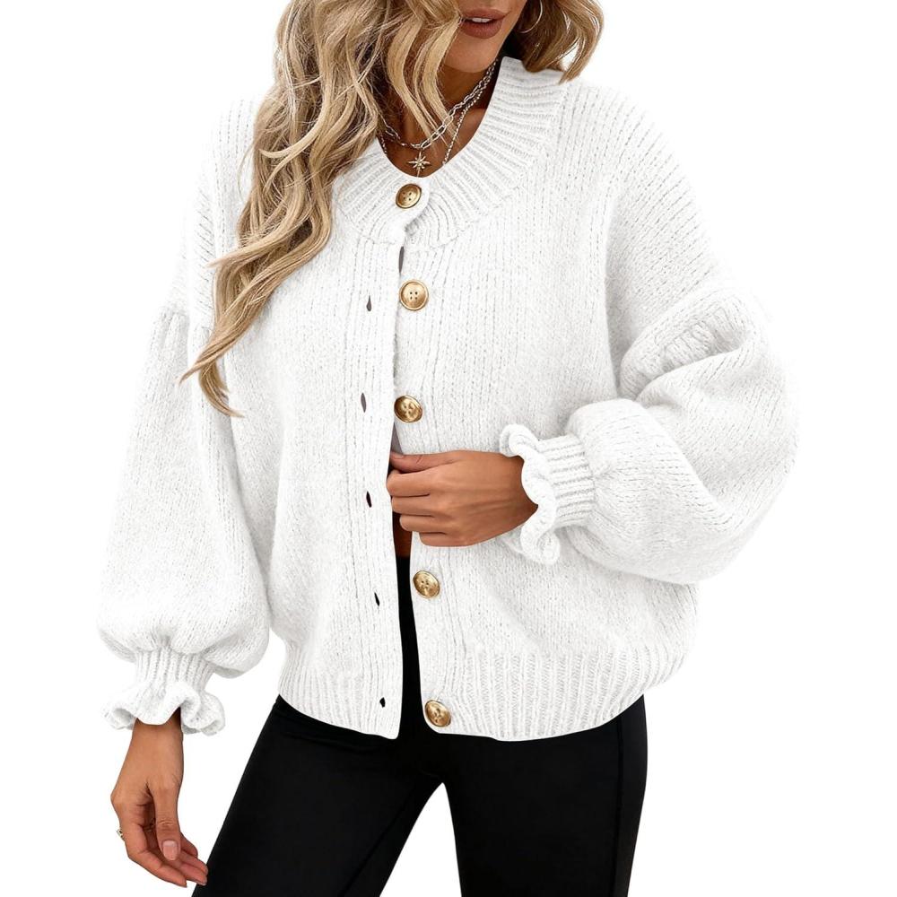 imagePRETTYGARDEN Womens Cropped Cardigans Trendy 2026 Ruffle Open Front Chunky Knit Sweater Oversized Button Down Fall ClothesWhite