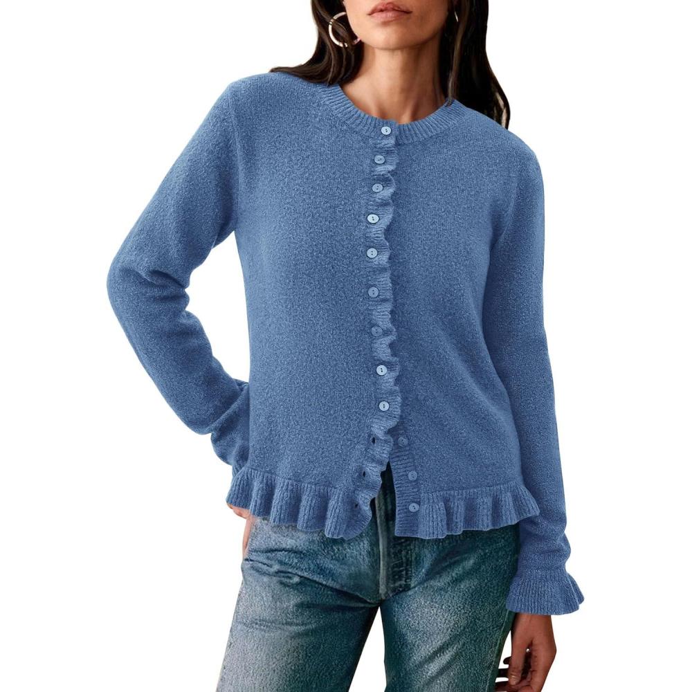 imagePRETTYGARDEN Womens Fall Button Down Cardigans Chunky Knit Ruffle Open Front Cropped Cardigan Sweaters Soft Long Sleeve TopsGrey Blue