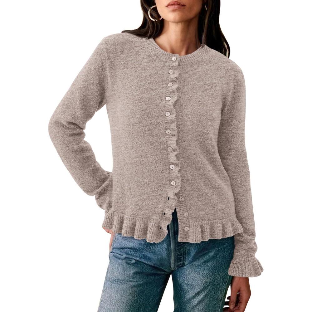 imagePRETTYGARDEN Womens Fall Button Down Cardigans Chunky Knit Ruffle Open Front Cropped Cardigan Sweaters Soft Long Sleeve TopsOatmeal