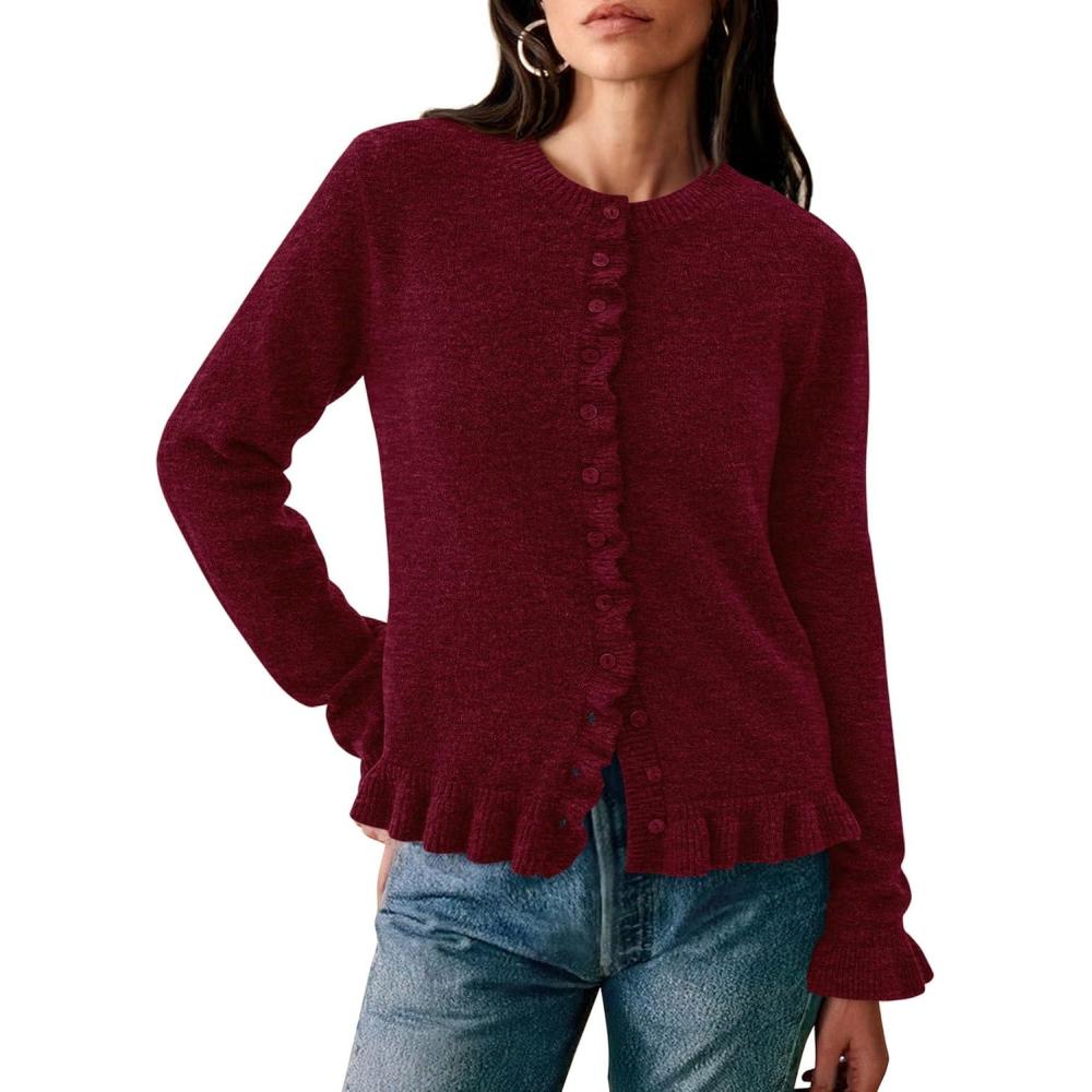imagePRETTYGARDEN Womens Fall Button Down Cardigans Chunky Knit Ruffle Open Front Cropped Cardigan Sweaters Soft Long Sleeve TopsWine Red