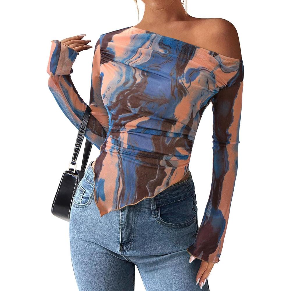 imagePRETTYGARDEN Womens Fall Trendy Off Shoulder Y2k Tops 2026 Tie Dye Mesh Long Sleeve Shirts Asymmetrical Ruched Floral BlouseBlue Watercolour