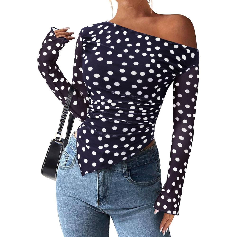 imagePRETTYGARDEN Womens Fall Trendy Off Shoulder Y2k Tops 2026 Tie Dye Mesh Long Sleeve Shirts Asymmetrical Ruched Floral BlouseDot Navy Blue White