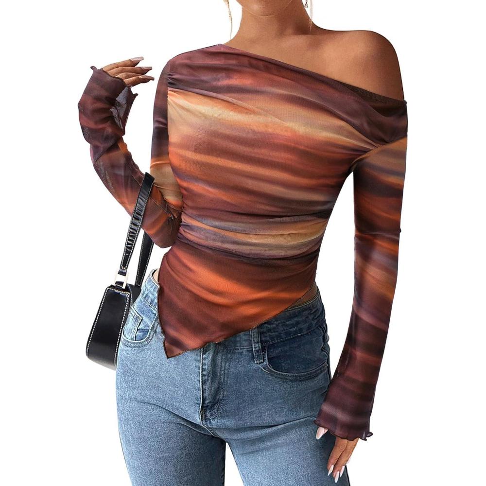 imagePRETTYGARDEN Womens Fall Trendy Off Shoulder Y2k Tops 2026 Tie Dye Mesh Long Sleeve Shirts Asymmetrical Ruched Floral BlouseFloral Brown
