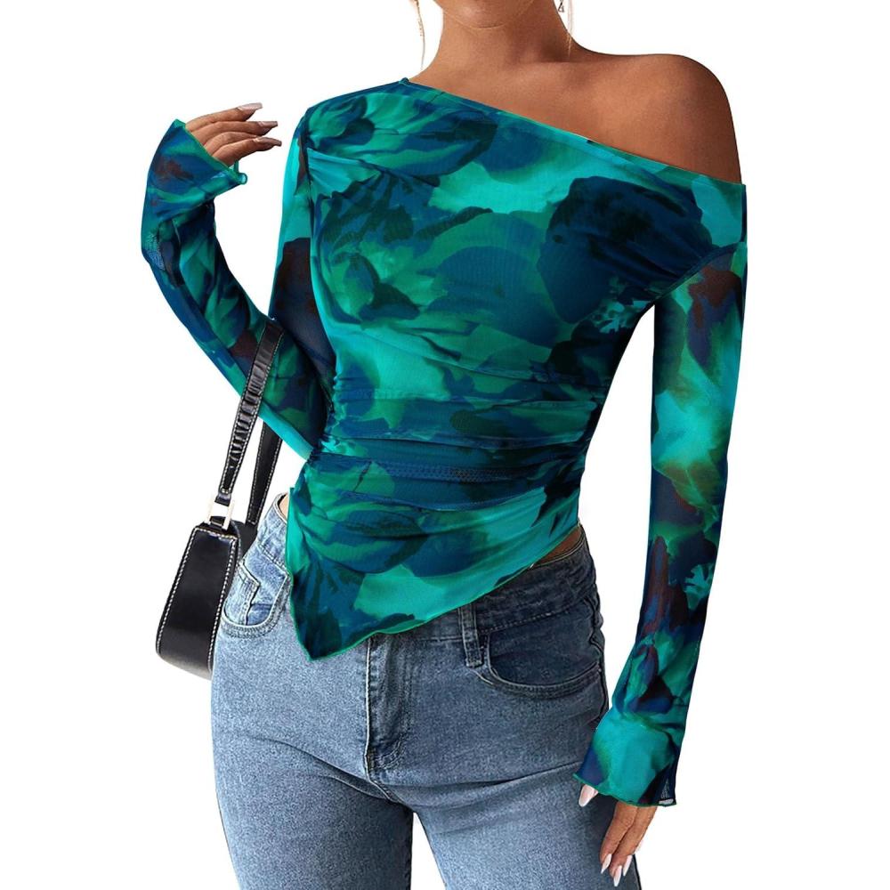 imagePRETTYGARDEN Womens Fall Trendy Off Shoulder Y2k Tops 2026 Tie Dye Mesh Long Sleeve Shirts Asymmetrical Ruched Floral BlouseFloral Lake Blue