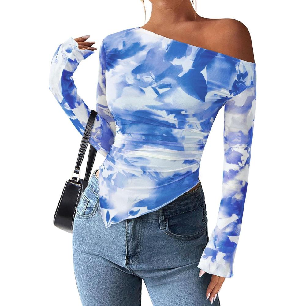 imagePRETTYGARDEN Womens Fall Trendy Off Shoulder Y2k Tops 2026 Tie Dye Mesh Long Sleeve Shirts Asymmetrical Ruched Floral BlouseFloral Light Blue
