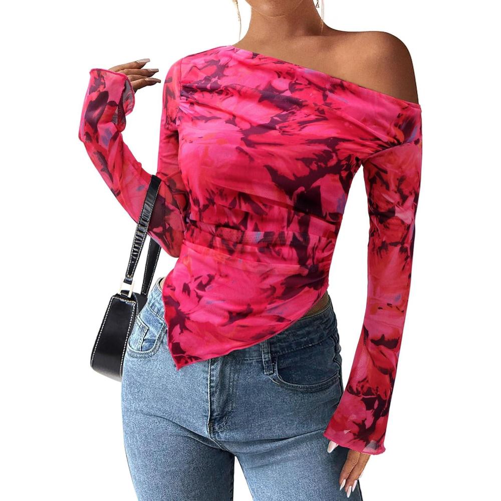 imagePRETTYGARDEN Womens Fall Trendy Off Shoulder Y2k Tops 2026 Tie Dye Mesh Long Sleeve Shirts Asymmetrical Ruched Floral BlouseFloral Rose Red