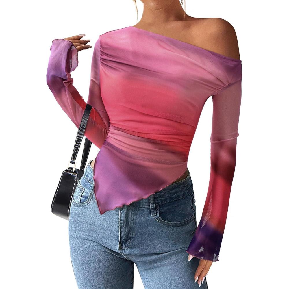imagePRETTYGARDEN Womens Fall Trendy Off Shoulder Y2k Tops 2026 Tie Dye Mesh Long Sleeve Shirts Asymmetrical Ruched Floral BlouseMulticolour Print
