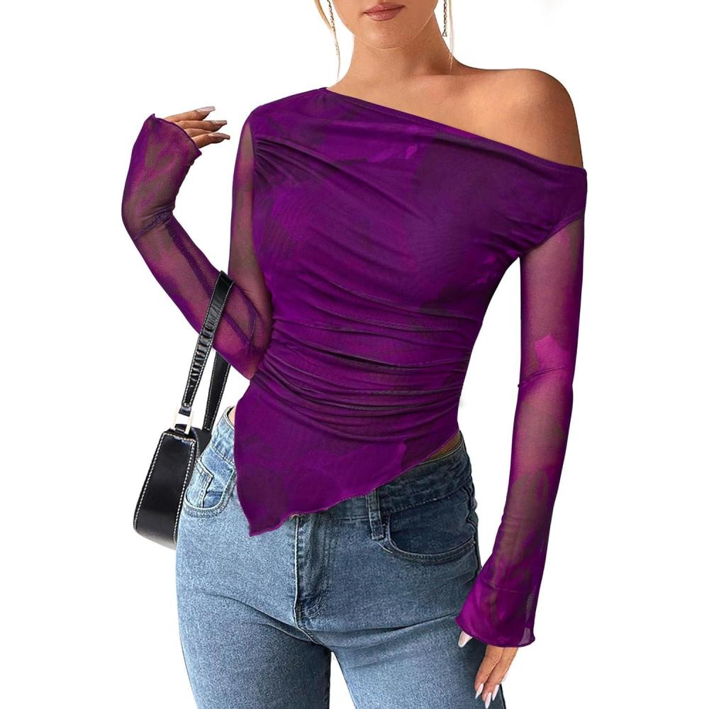 imagePRETTYGARDEN Womens Fall Trendy Off Shoulder Y2k Tops 2026 Tie Dye Mesh Long Sleeve Shirts Asymmetrical Ruched Floral BlousePrint Purple