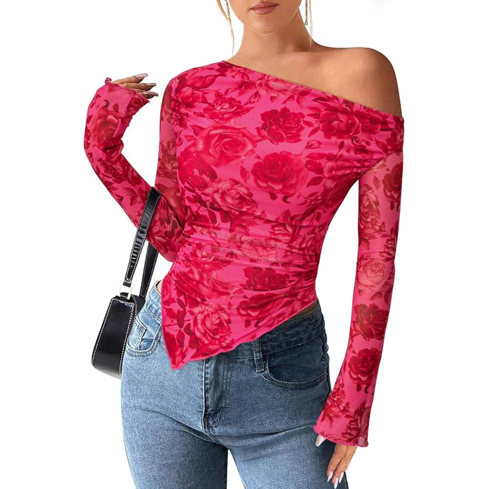 imagePRETTYGARDEN Womens Fall Trendy Off Shoulder Y2k Tops 2026 Tie Dye Mesh Long Sleeve Shirts Asymmetrical Ruched Floral BlouseRose Tan