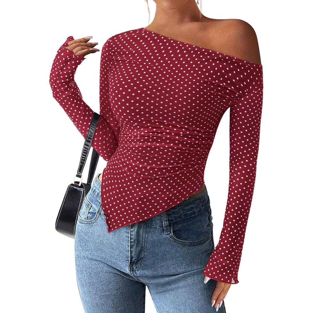 imagePRETTYGARDEN Womens Fall Trendy Off Shoulder Y2k Tops 2026 Tie Dye Mesh Long Sleeve Shirts Asymmetrical Ruched Floral BlouseSmall Dot Red White