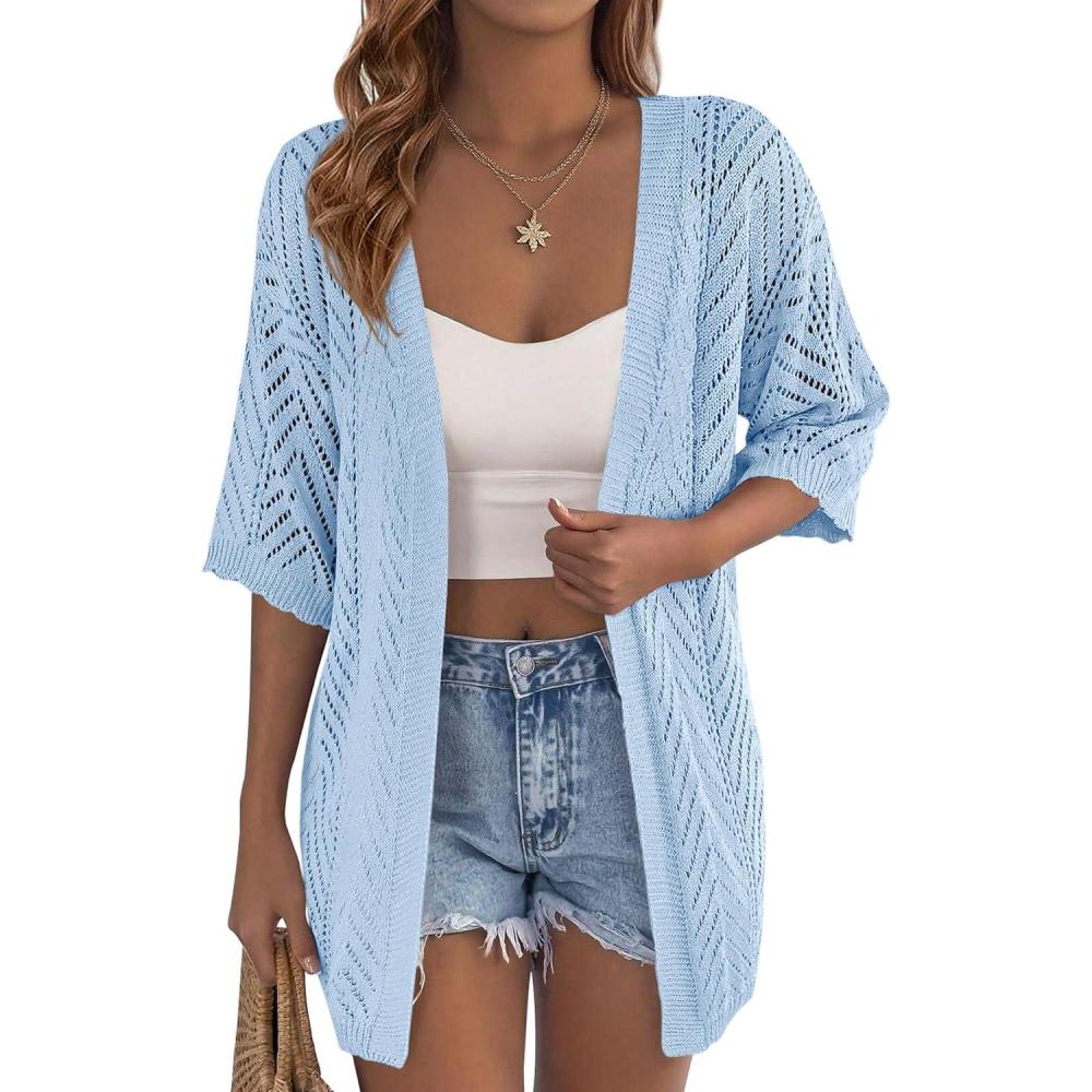 imagePRETTYGARDEN Womens Lightweight Summer Cardigans 2026 Short Sleeve Knit Crochet Coverups Spring Boho Beach Vacation ClothesLight Blue